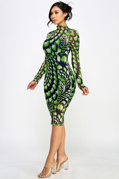 Ari Black & Green Beautiful Abstract Print Mesh Midi Dress