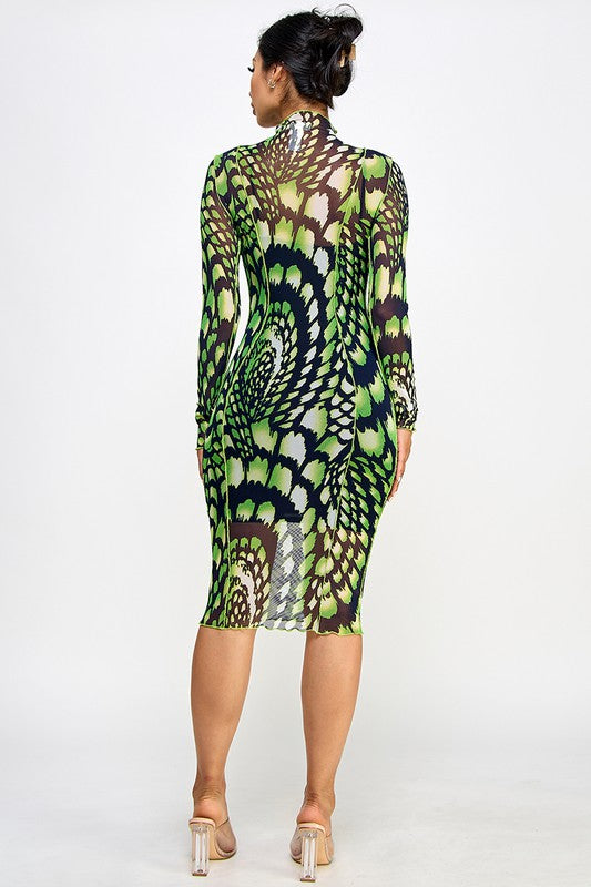 Ari Black & Green Beautiful Abstract Print Mesh Midi Dress