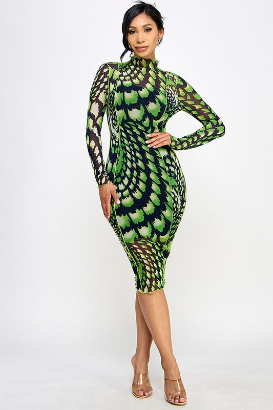 Ari Black & Green Beautiful Abstract Print Mesh Midi Dress