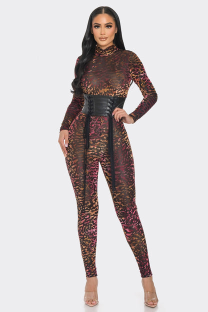 Ana Brown Mesh Velvet Leopard Print Jumpsuit