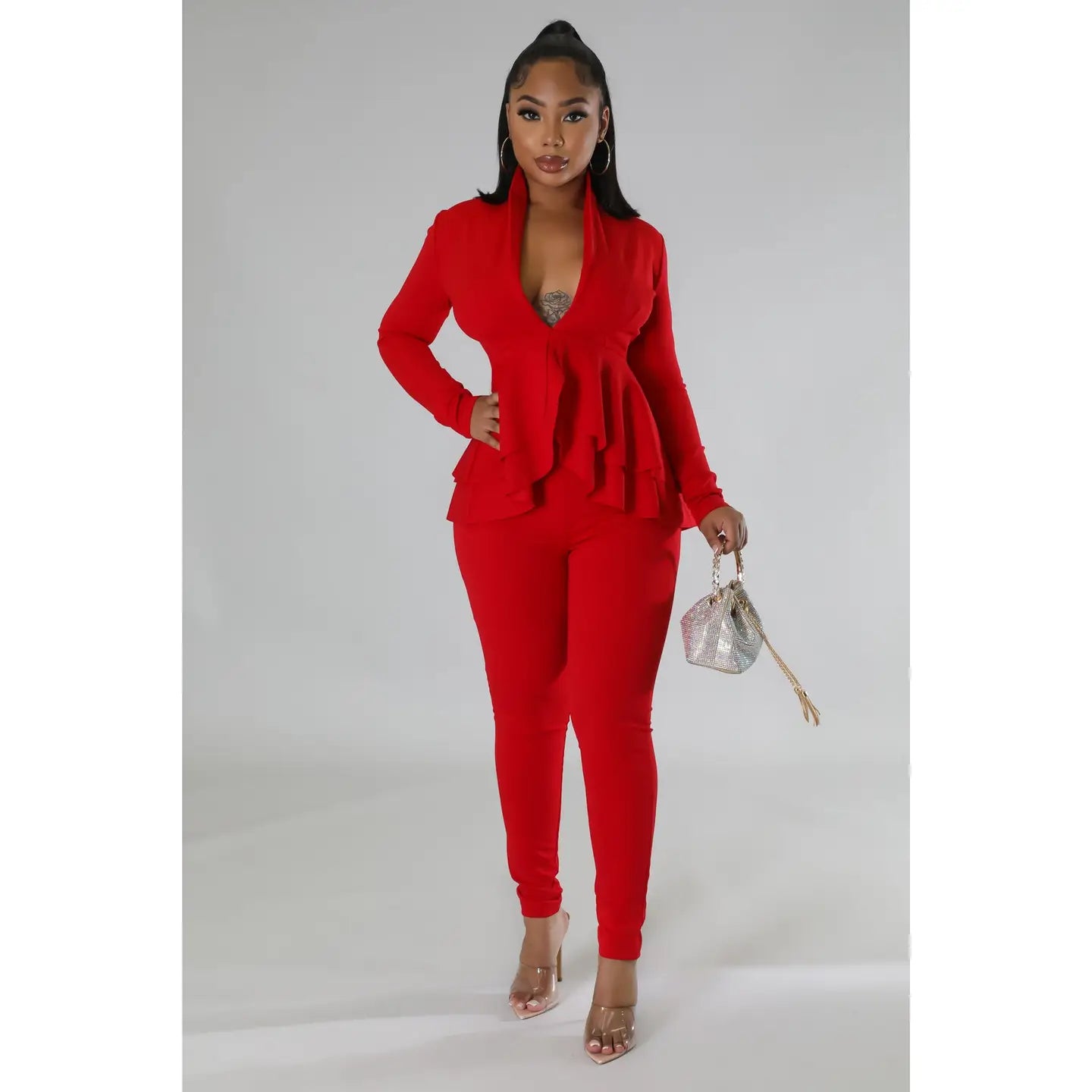 1 Plus Size Red Solid V-Neck Ruffle Blouse and Pants Set