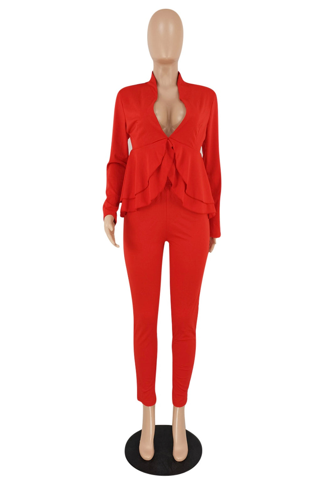 1 Plus Size Red Solid V-Neck Ruffle Blouse and Pants Set