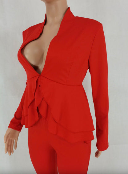 1 Plus Size Red Solid V-Neck Ruffle Blouse and Pants Set