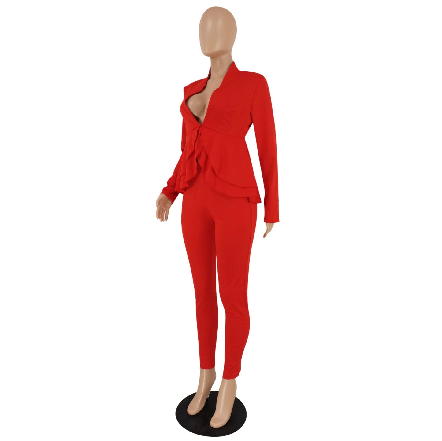 1 Plus Size Red Solid V-Neck Ruffle Blouse and Pants Set