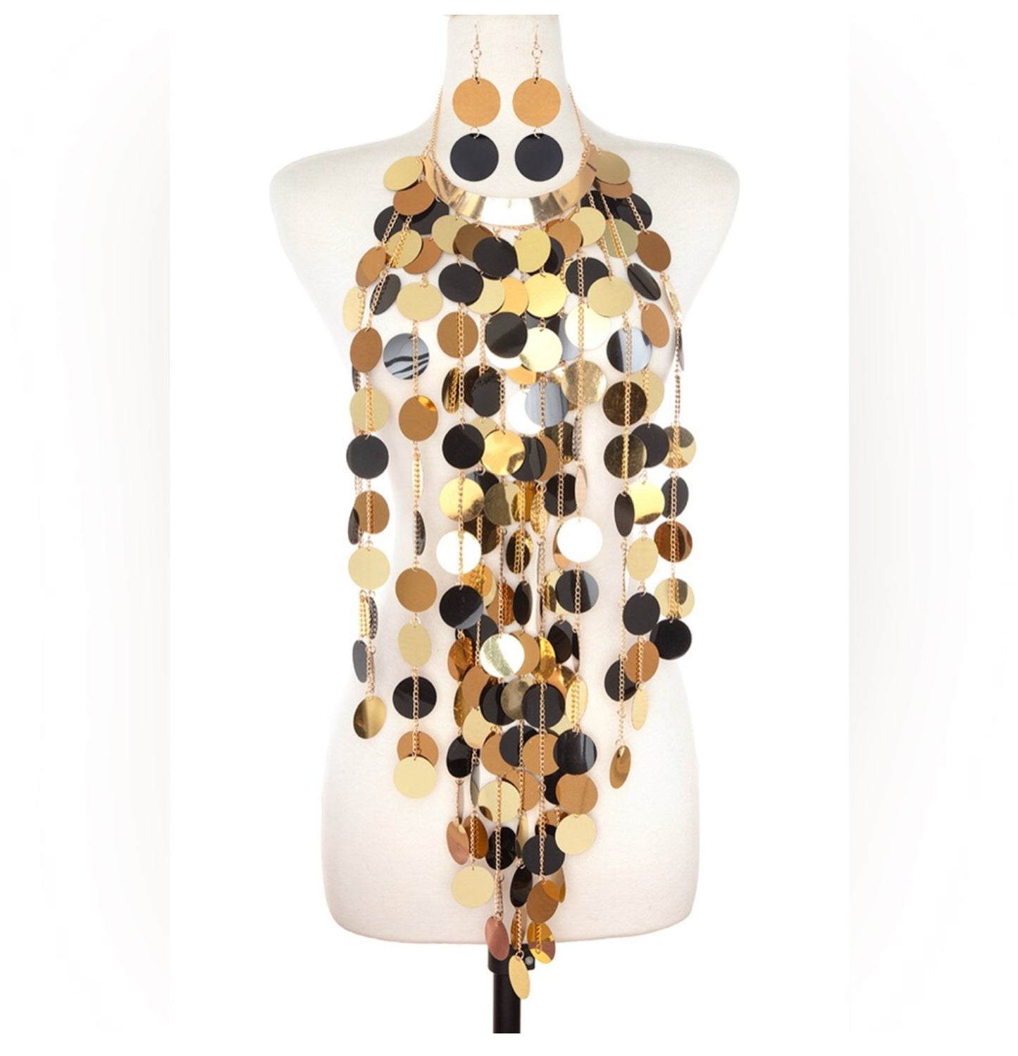 Alley Glamorous Metallic Sequins Disk Body Chain Statement Necklace