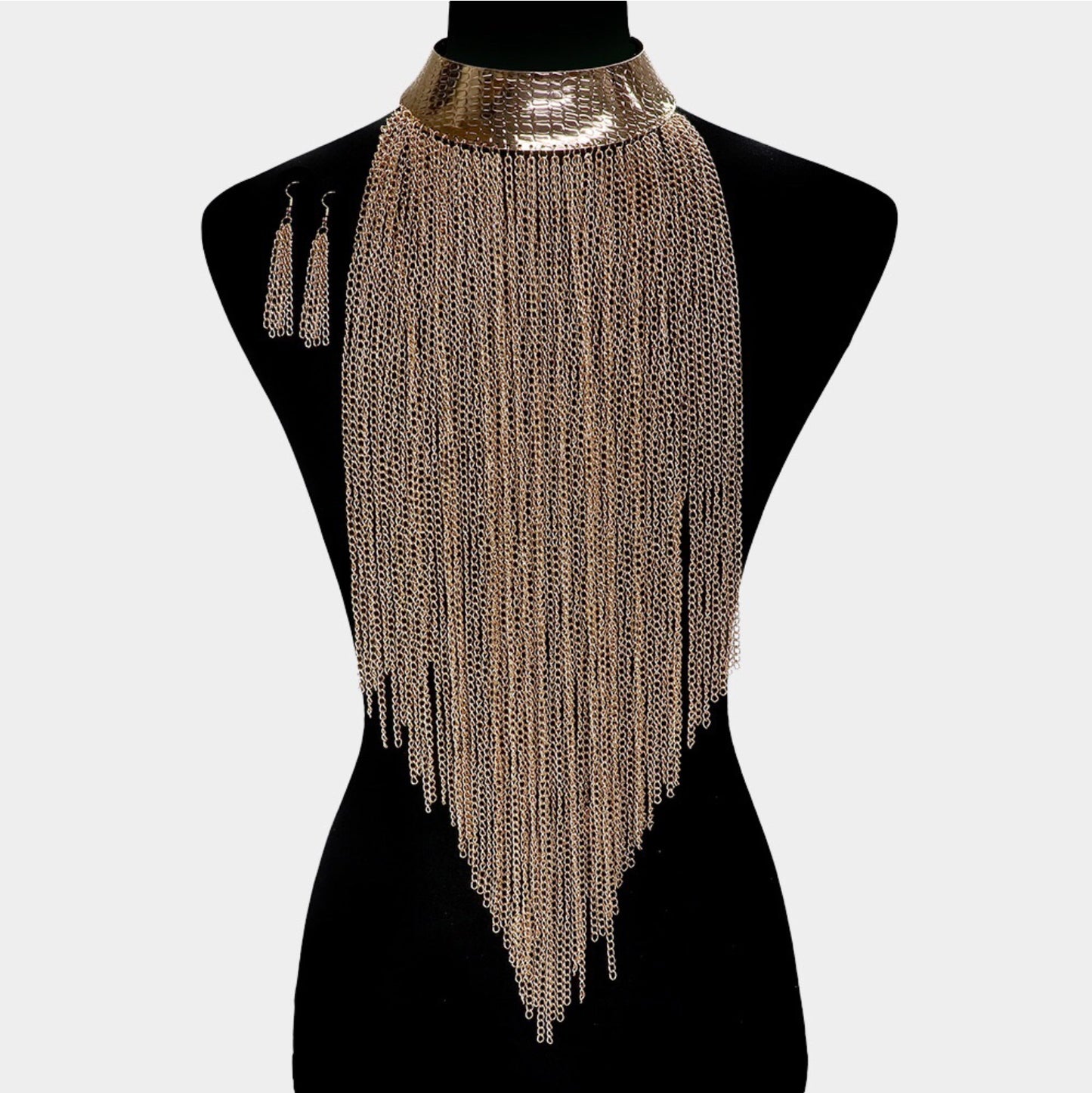 Fab Long Gold Rhinestone Fringe Statement Necklace