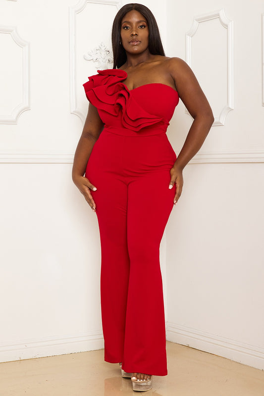 ALY PLUS SIZE RED RUFFLE ONE SHOULDER JUMPSUIT