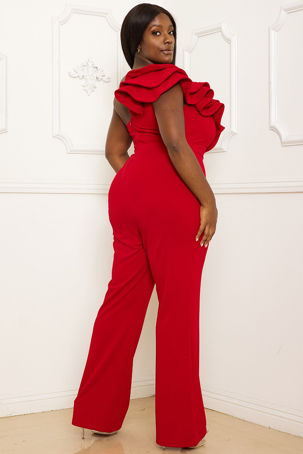 ALY PLUS SIZE RED RUFFLE ONE SHOULDER JUMPSUIT