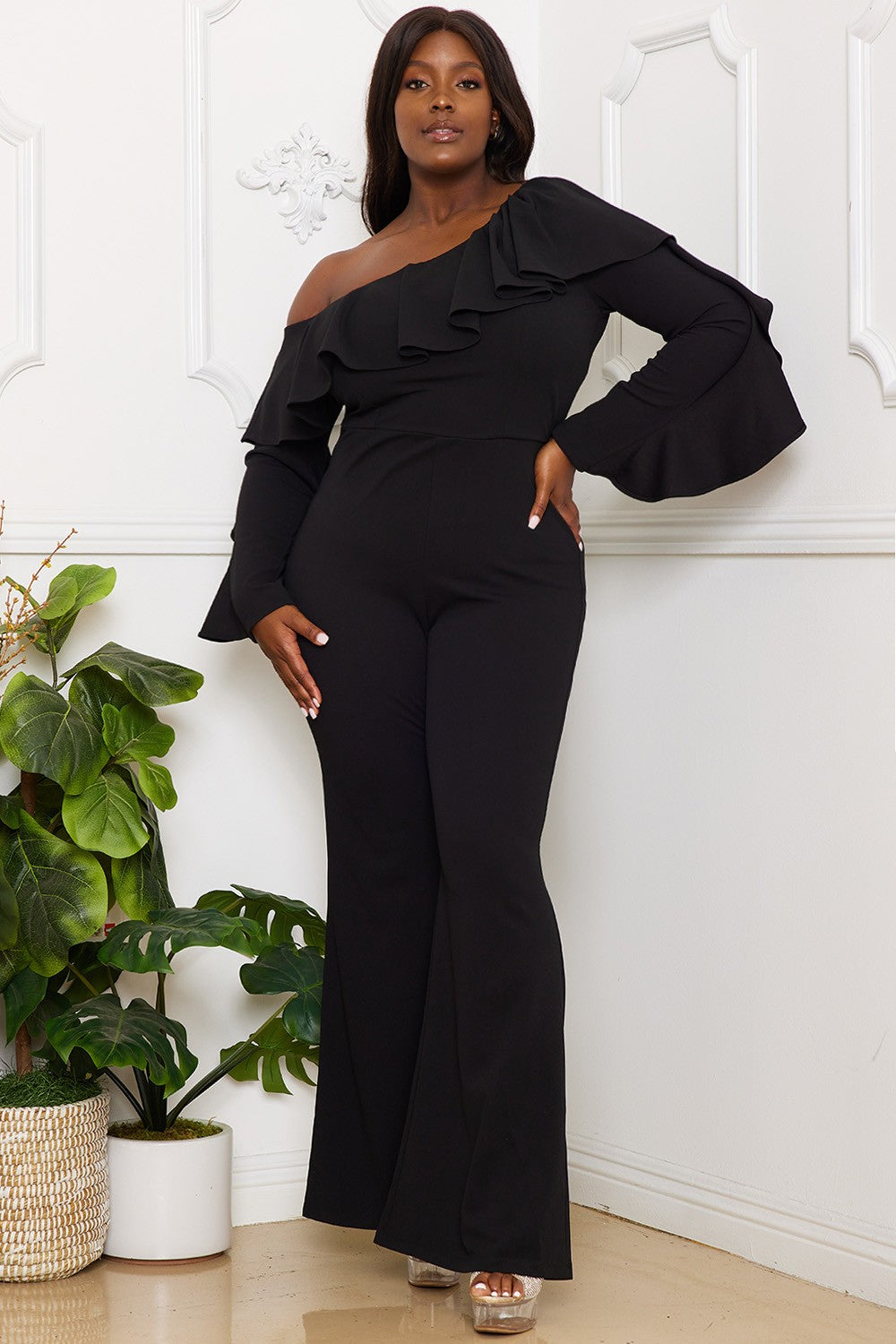 A Plus Size Black Off Shoulder Jumpsuit