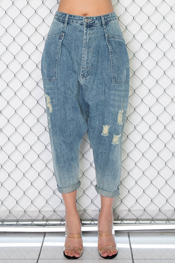 BLUE DENIM RIPPED DISTRESSED BAGGY PANTS