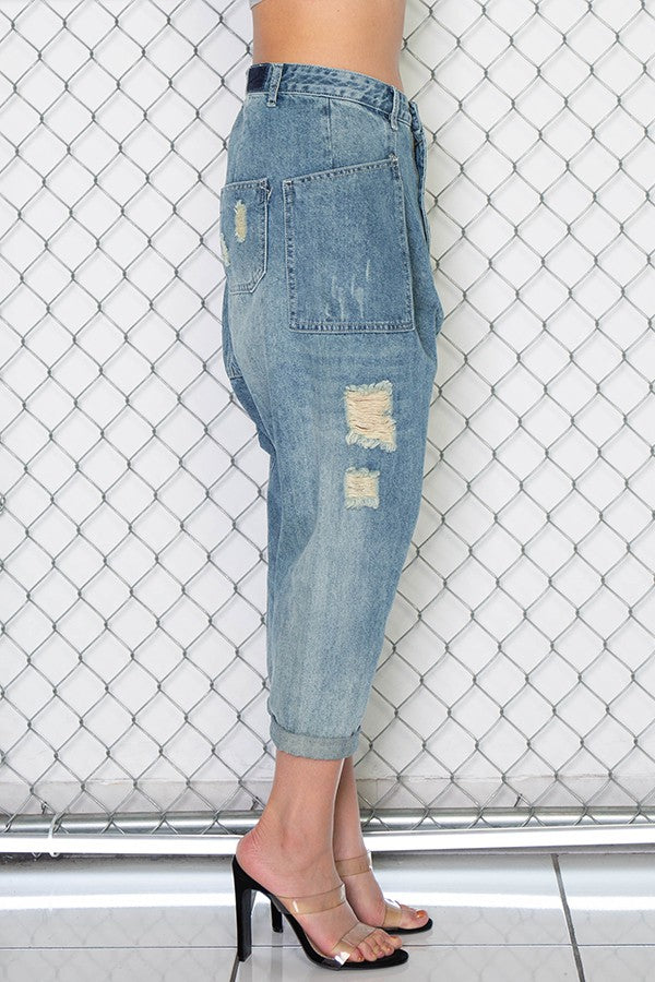 BLUE DENIM RIPPED DISTRESSED BAGGY PANTS