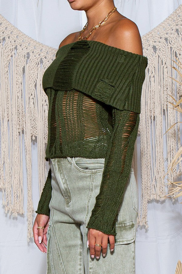 BOBBI OLIVE GREEN OFF SHOULDER LADDERED RIBBED KNITTED FABRIC