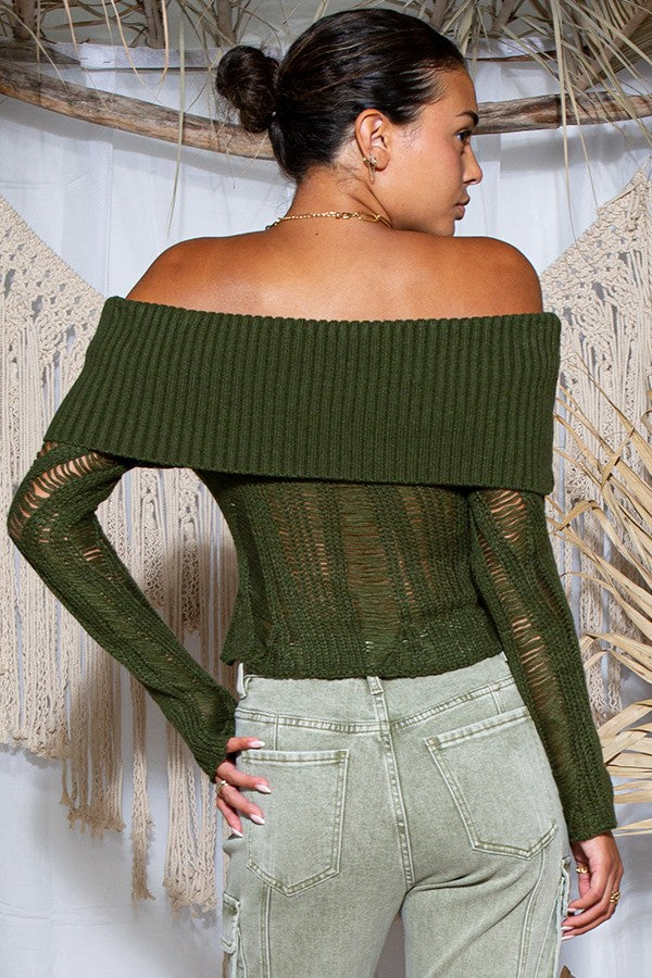 BOBBI OLIVE GREEN OFF SHOULDER LADDERED RIBBED KNITTED FABRIC