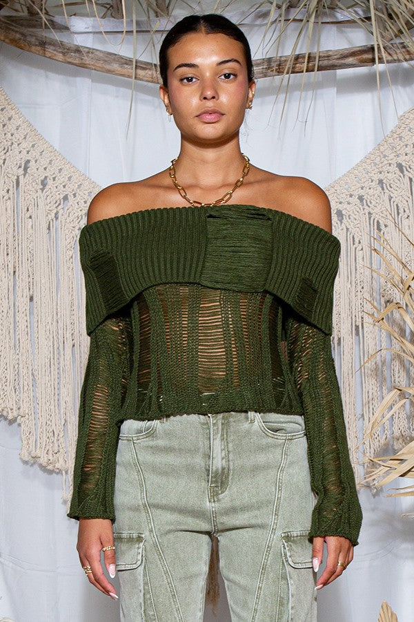 BOBBI OLIVE GREEN OFF SHOULDER LADDERED RIBBED KNITTED FABRIC