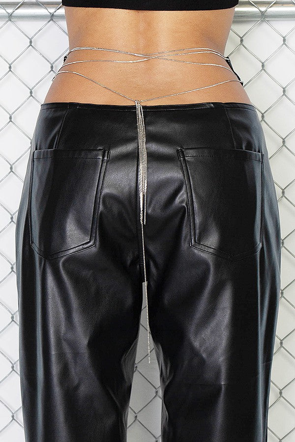 BLACK METAL CHAIN CRISS CROSS LACE UP LEATHER PANTS