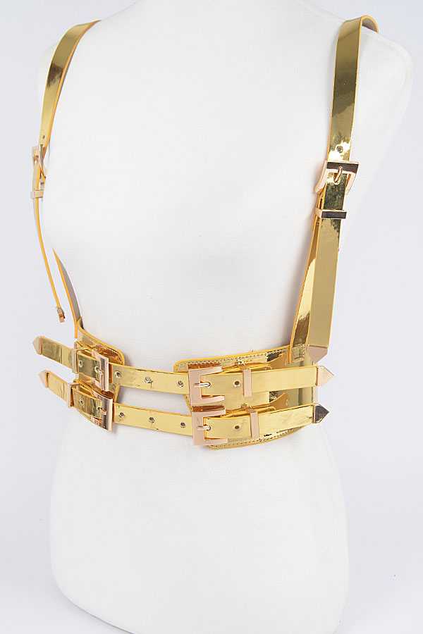 Gold Metallic Vegan Leather Harness Belt