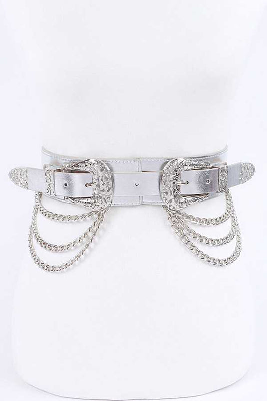 Double Buckle Metallic Stretch Belt (Plus Size)