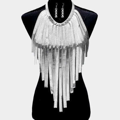 Silver Long Fringe Chain Metal Necklace