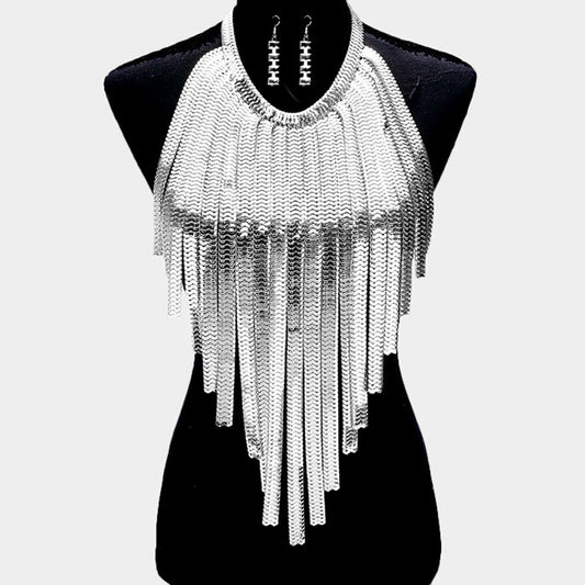 1 Silver Long Fringe Chain Metal Necklace