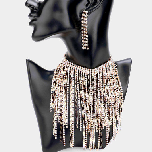 Bling Rhinestone Fringe Bib Choker Necklace