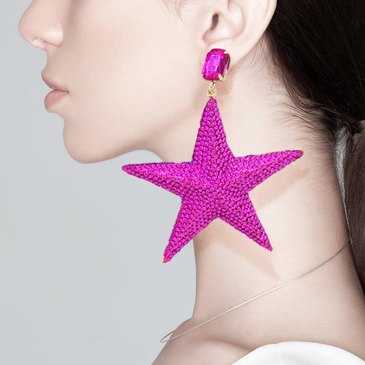 Pink Oversized Rhinestone Embellished Metal Star Dangle Earrings