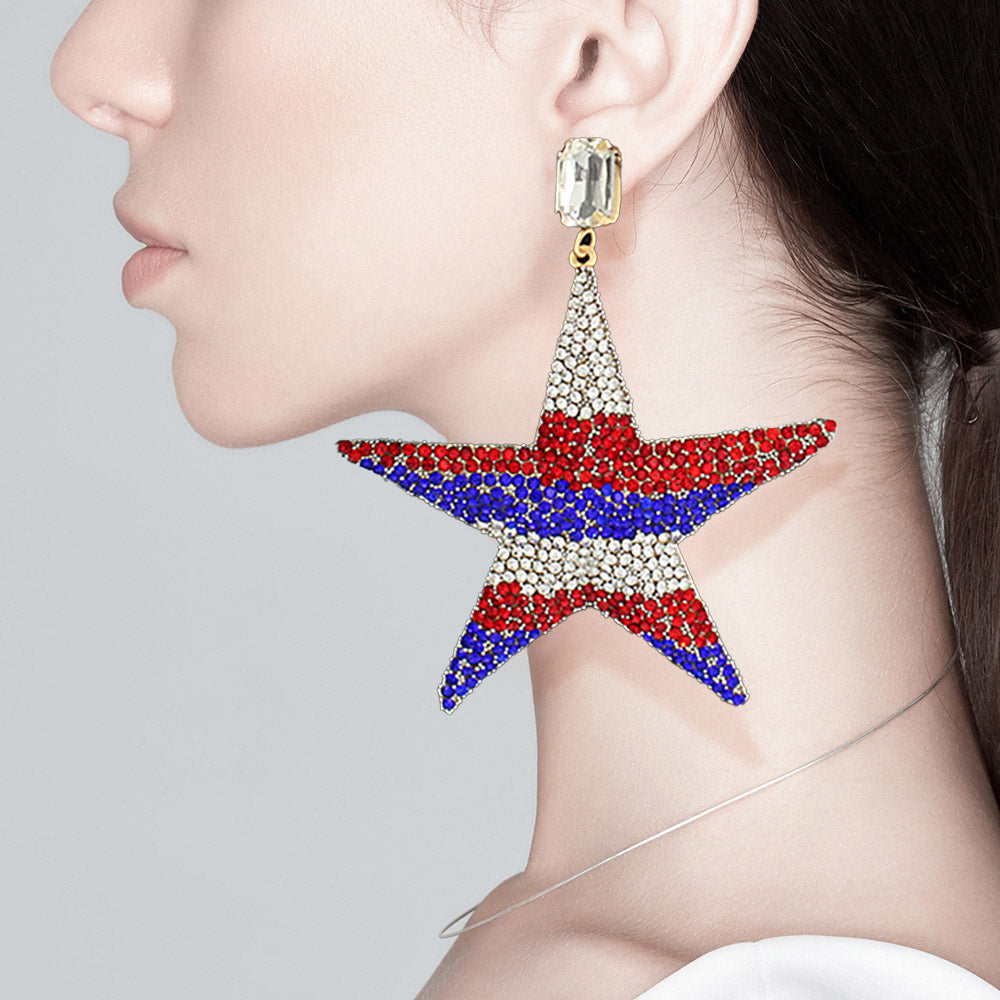 American Flag Oversized Rhinestone Embellished Metal Star Dangle Earrings