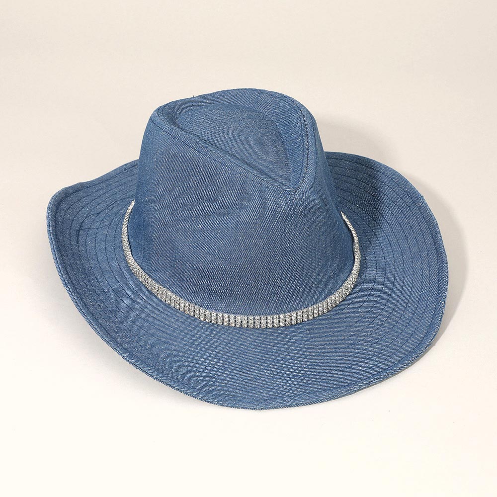 Blue Denim Rhinestone Western Fedora Hat