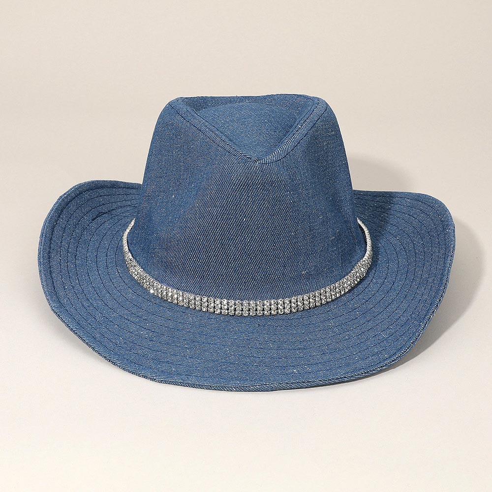 Blue Denim Rhinestone Western Fedora Hat