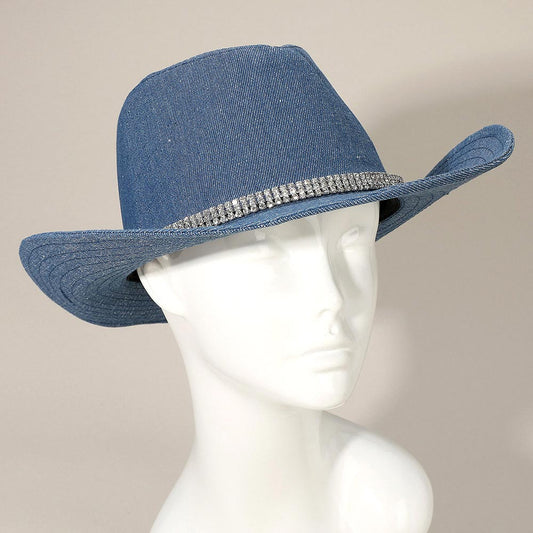 Blue Denim Rhinestone Western Fedora Hat