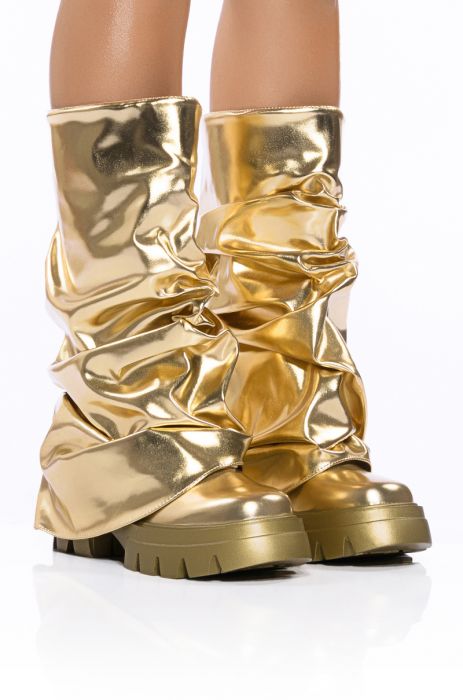 Azalea Wang 1 Gold Metallic Vegan Leather Slouchy Knee High Boots