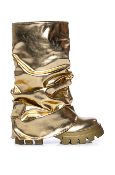 Azalea Wang 1 Gold Metallic Vegan Leather Slouchy Knee High Boots