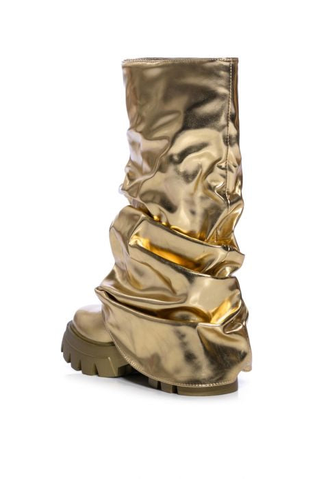 Azalea Wang 1 Gold Metallic Vegan Leather Slouchy Knee High Boots