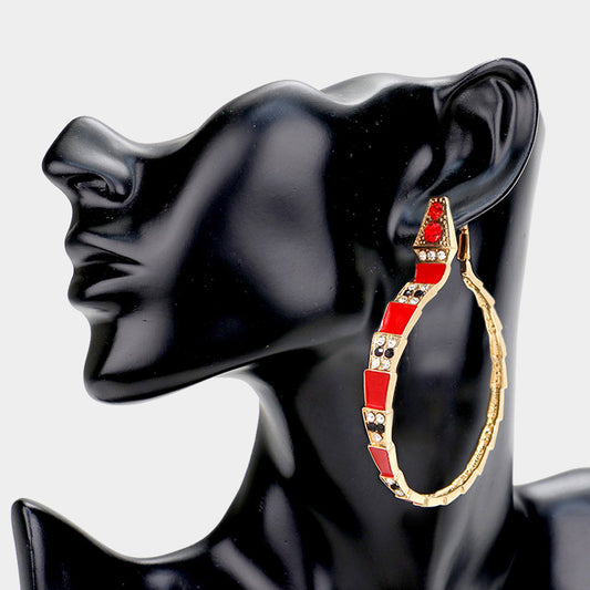 Gold & Red Rhinestone Embellished Enamel Snake Earrings