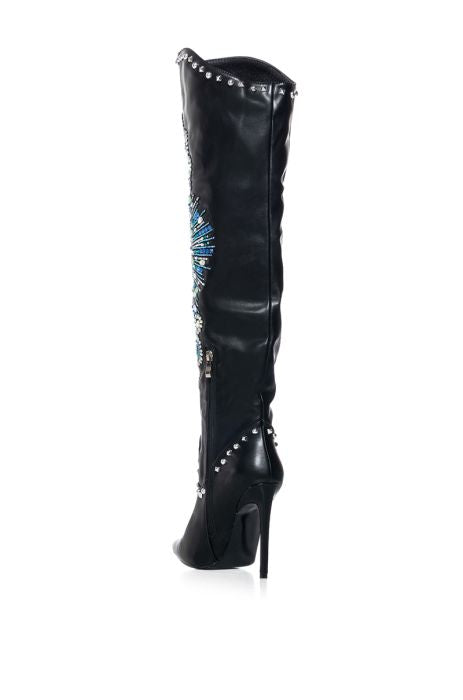 AZALEA WANG Black Leather Embellished Thigh High Cowboy Boots