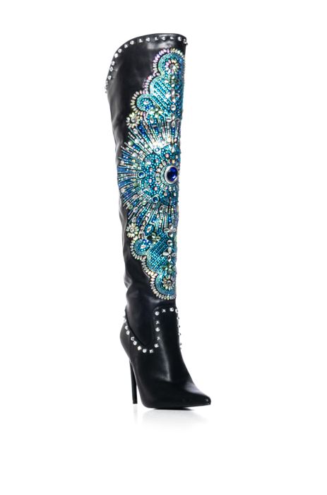 AZALEA WANG Black Leather Embellished Thigh High Cowboy Boots