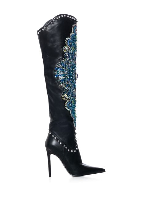 AZALEA WANG Black Leather Embellished Thigh High Cowboy Boots