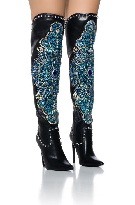 AZALEA WANG Black Leather Embellished Thigh High Cowboy Boots