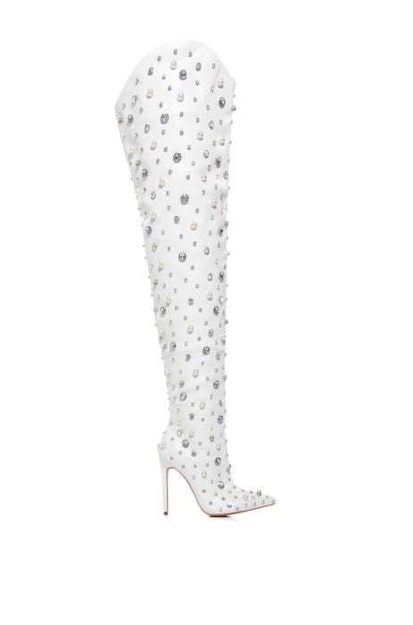 #1 AZALEA WANG White Vegan Leather Embellished Over The Knee Boots