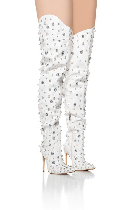 #1 AZALEA WANG White Vegan Leather Embellished Over The Knee Boots