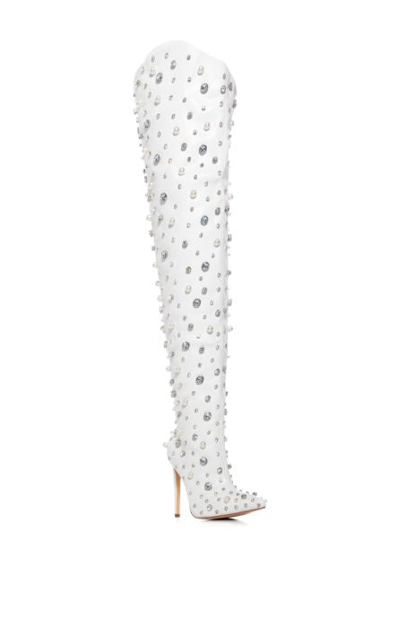 #1 AZALEA WANG White Vegan Leather Embellished Over The Knee Boots