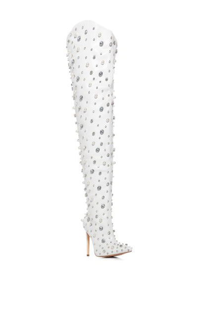 #1 AZALEA WANG White Vegan Leather Embellished Over The Knee Boots