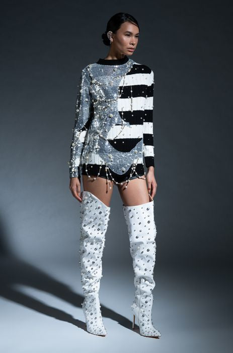 #1 AZALEA WANG White Vegan Leather Embellished Over The Knee Boots