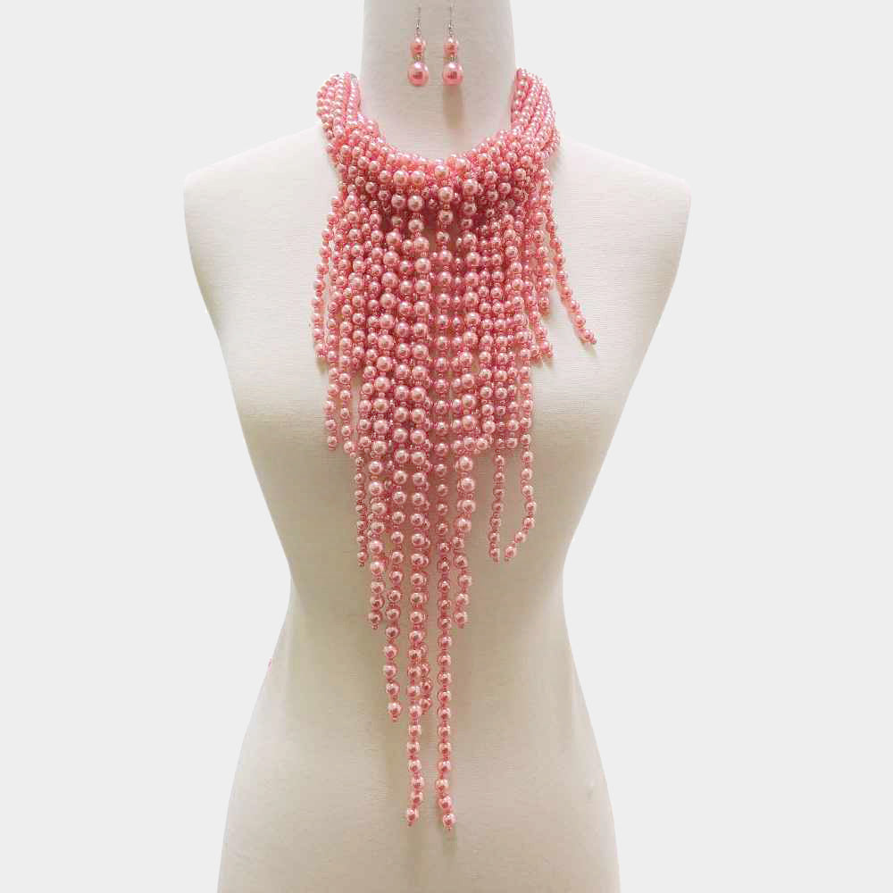 2 Multi Pearl Fringe Statement Necklace