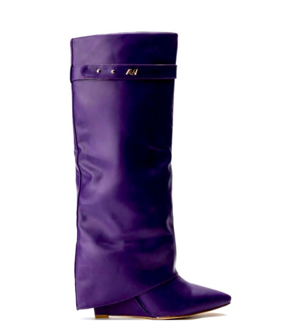 Azalea Wang Purple Vegan Leather Fold Over Wedge Boots