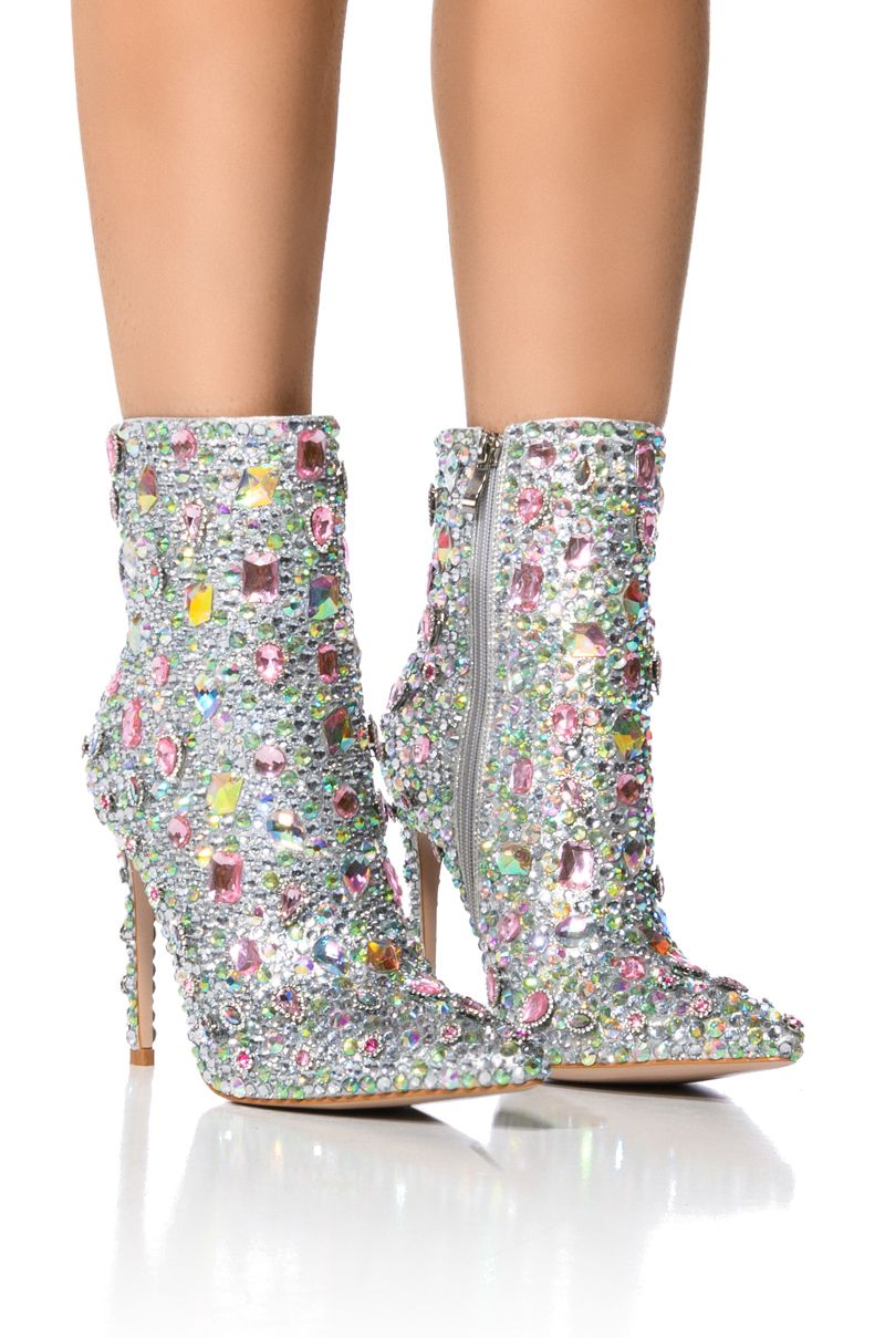 AZALEA WANG Silver Metallic Embellished Diamond Gemstone Booties