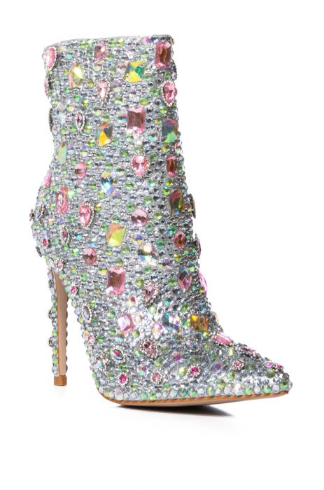 AZALEA WANG Silver Metallic Embellished Diamond Gemstone Booties