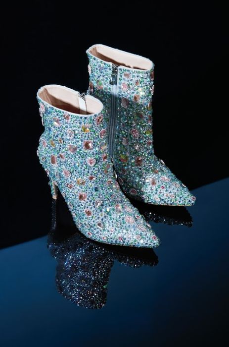 AZALEA WANG Silver Metallic Embellished Diamond Gemstone Booties