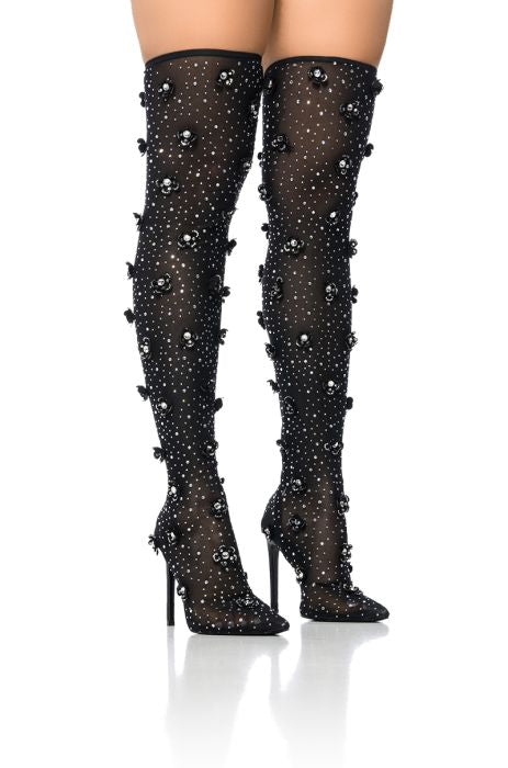 AZALEA WANG Black Embellished Flower Thigh High Boot