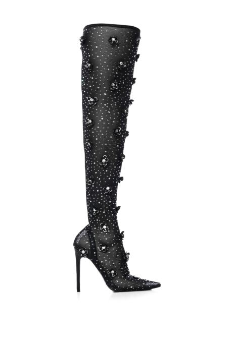 AZALEA WANG Black Embellished Flower Thigh High Boot