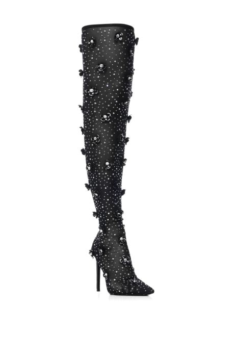 AZALEA WANG Black Embellished Flower Thigh High Boot